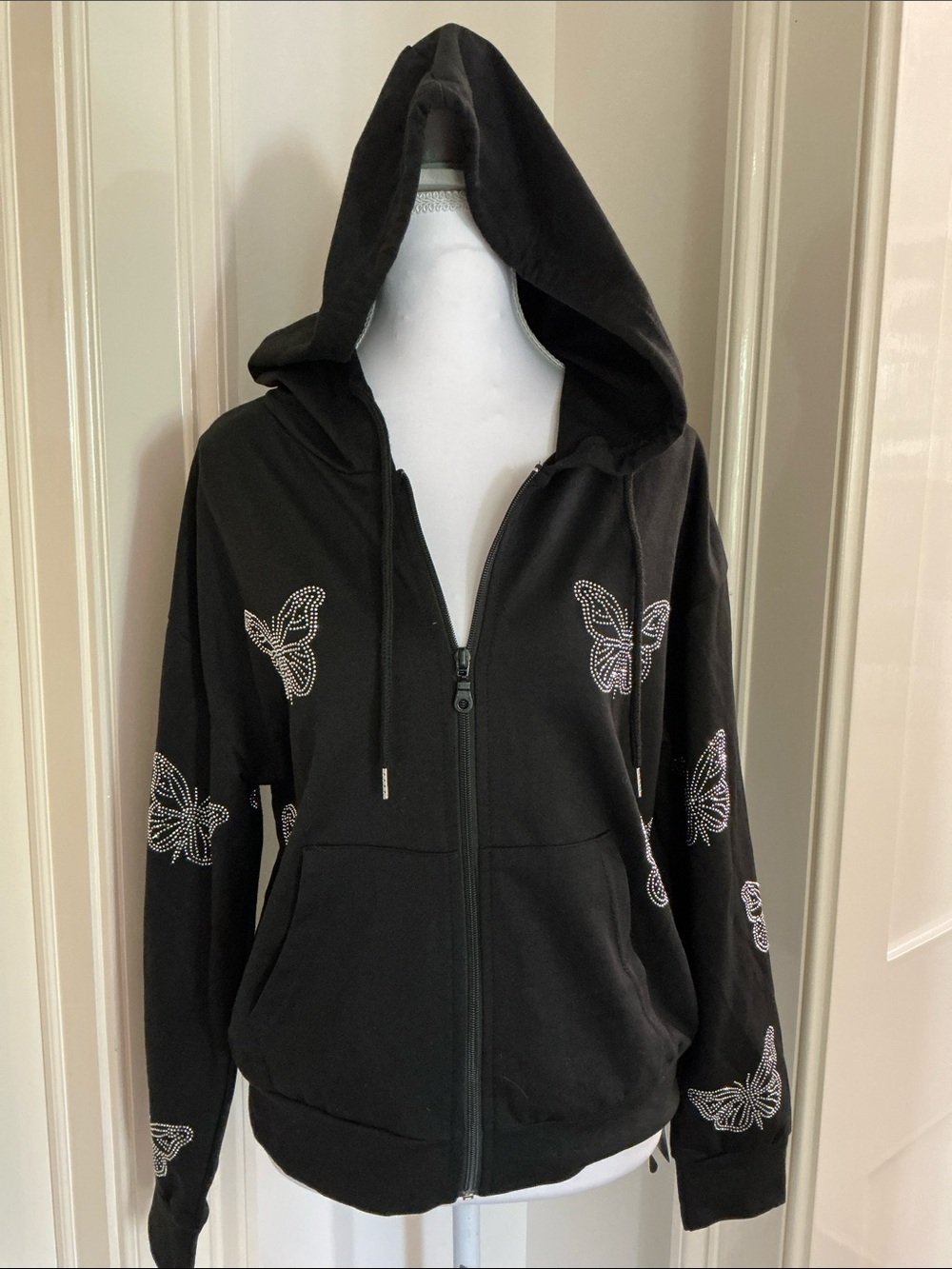 ROMWE Black Zip Hoodie with Silver Butterfly Appliques